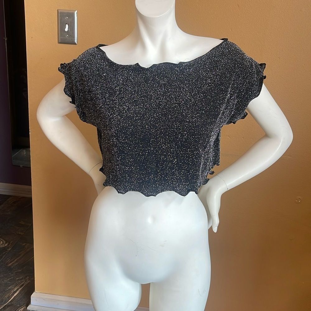 SHAME Women Glitter Crop Tops Shirt Sheer Sexy Size OS